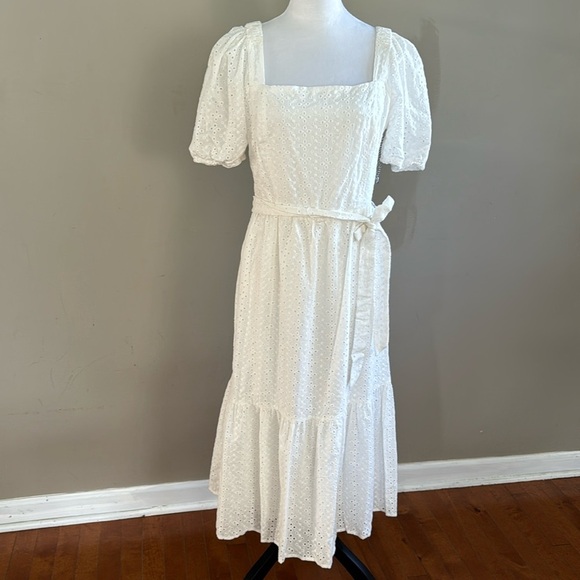 Draper James RSVP Eyelet Squareneck White Tiered Hem Midi Dress Size L - Picture 2 of 12